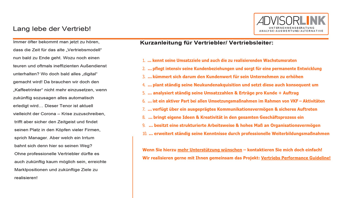 AdvisorLink Projekte Vertriebs Performance Guideline 2020