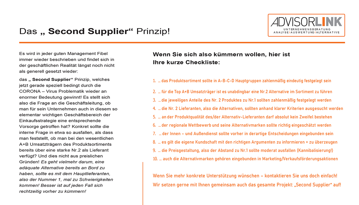 AdvisorLink Second Supplier Checkliste